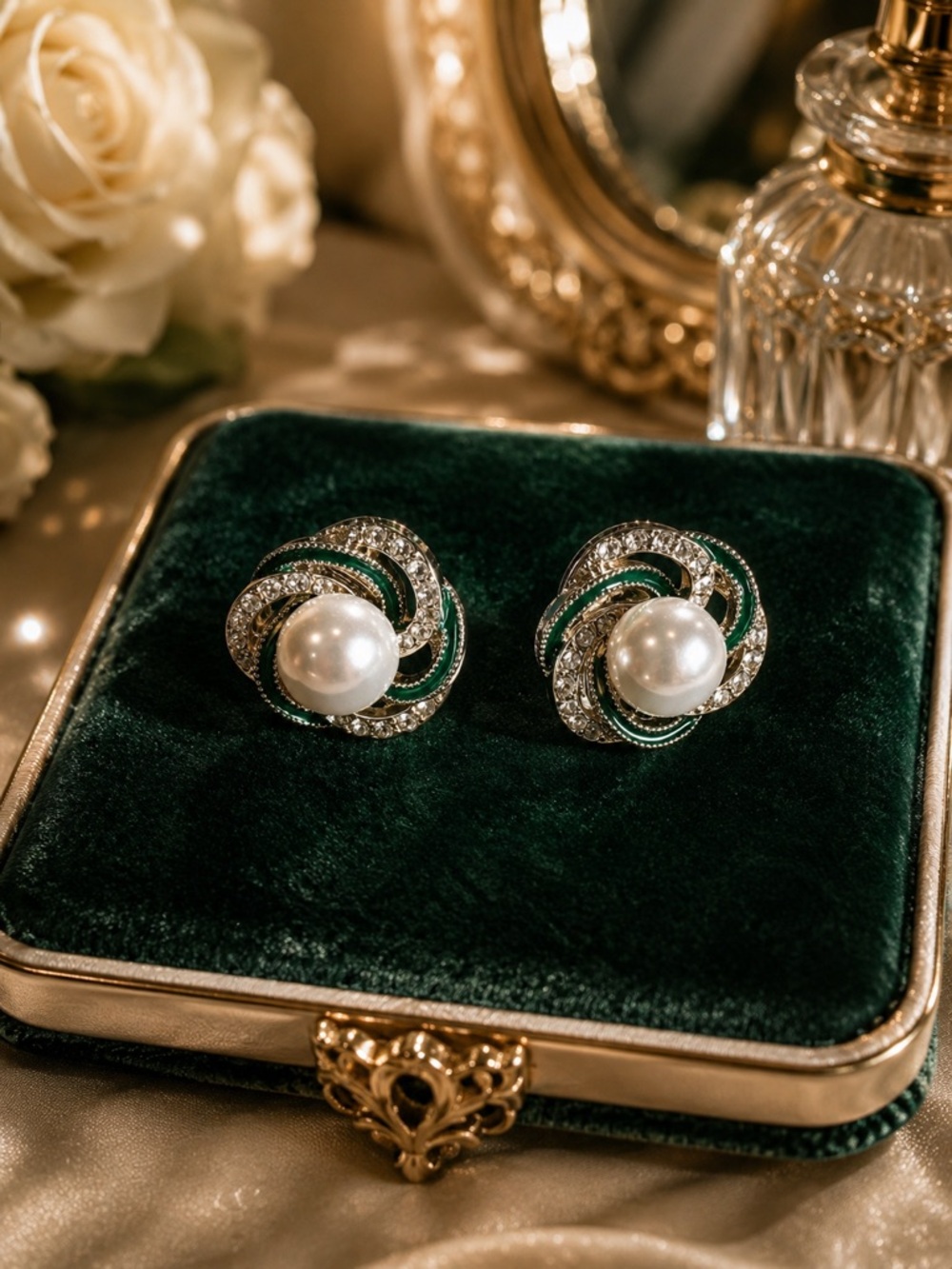 Elegant Green and Silver Pearl Earrings